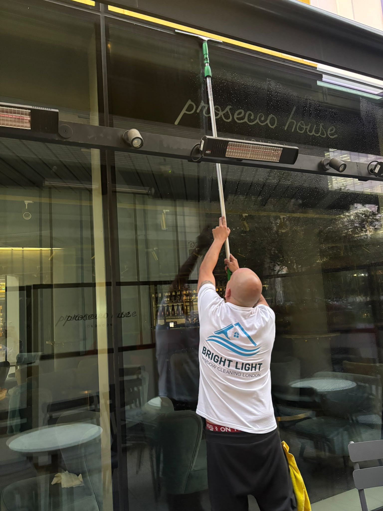 Bright Light Window Cleaning London cleaning large commercial glazing at Prosecco House