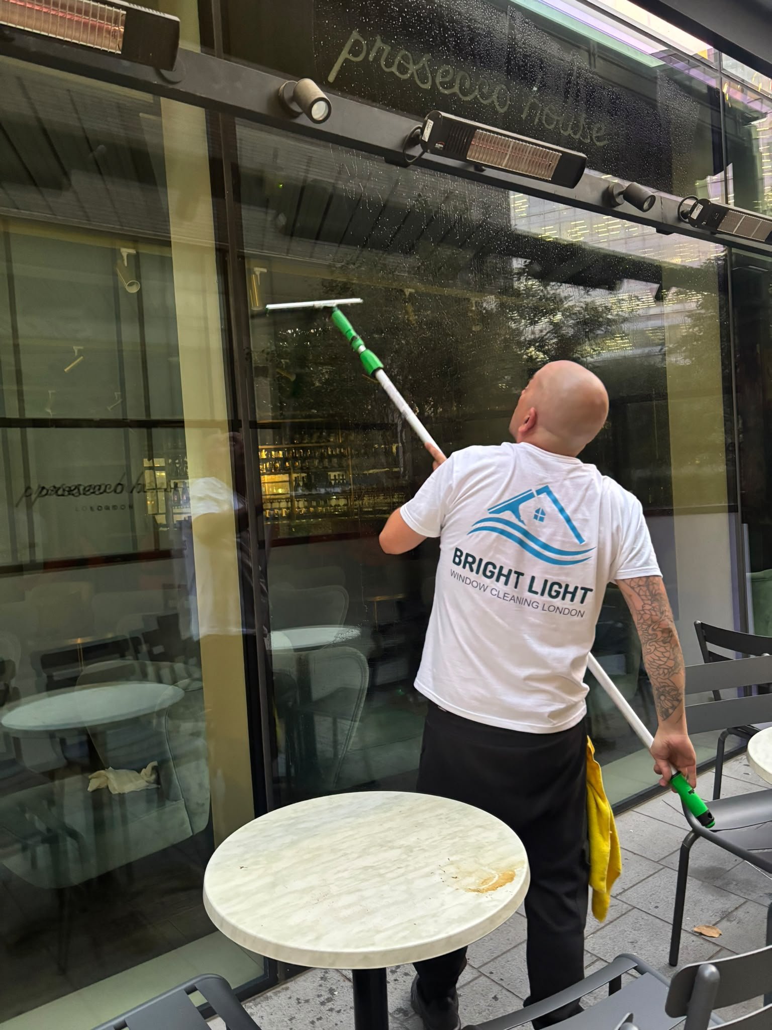 Bright Light Window Cleaning London cleaning large commercial glazing at Prosecco House